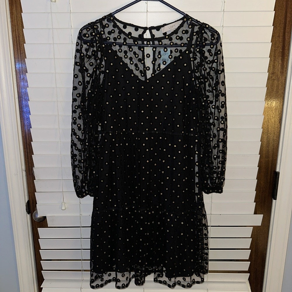 Loft Women Sheer Blouse Black Long Sleeves Flocked Polka Dots XL